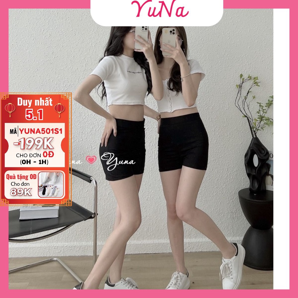 Quần legging đùi YUNA kiểu dáng biker short cạp cao chất liệu cotton co dãn bốn chiều, thời trang nữ YUNA