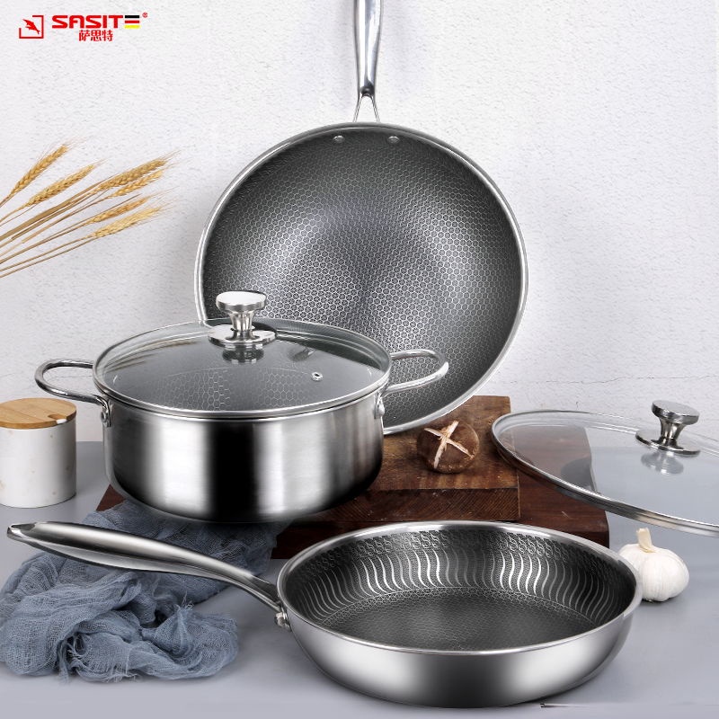 316 Stainless Steel Set Non-Stick Pan Household Combination Wok and Soup Pot Frying Pan Induction Co