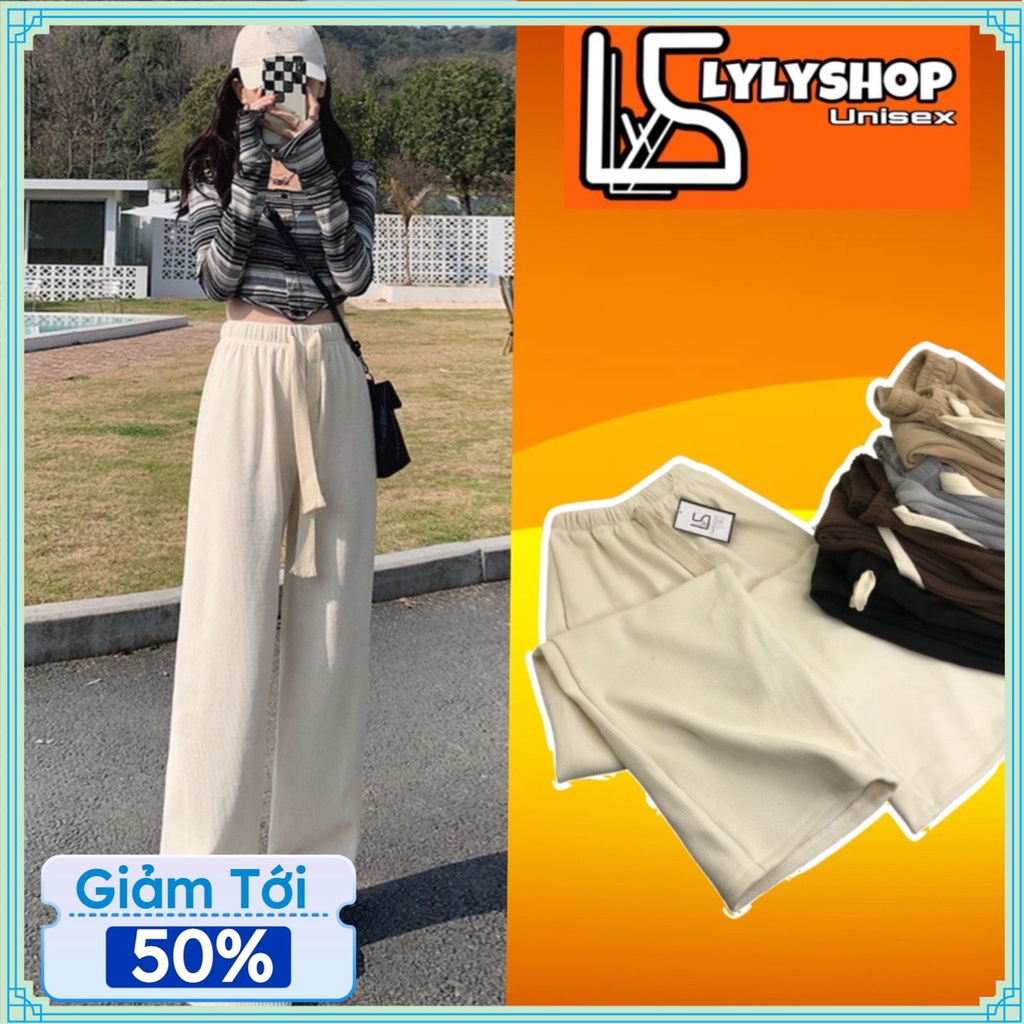 Quần ống rộng nỉ nhung tăm Unisex kiểu quần dài ống suông cạp chun lưng cao có dây rút chỉnh eo mẫu hottrend