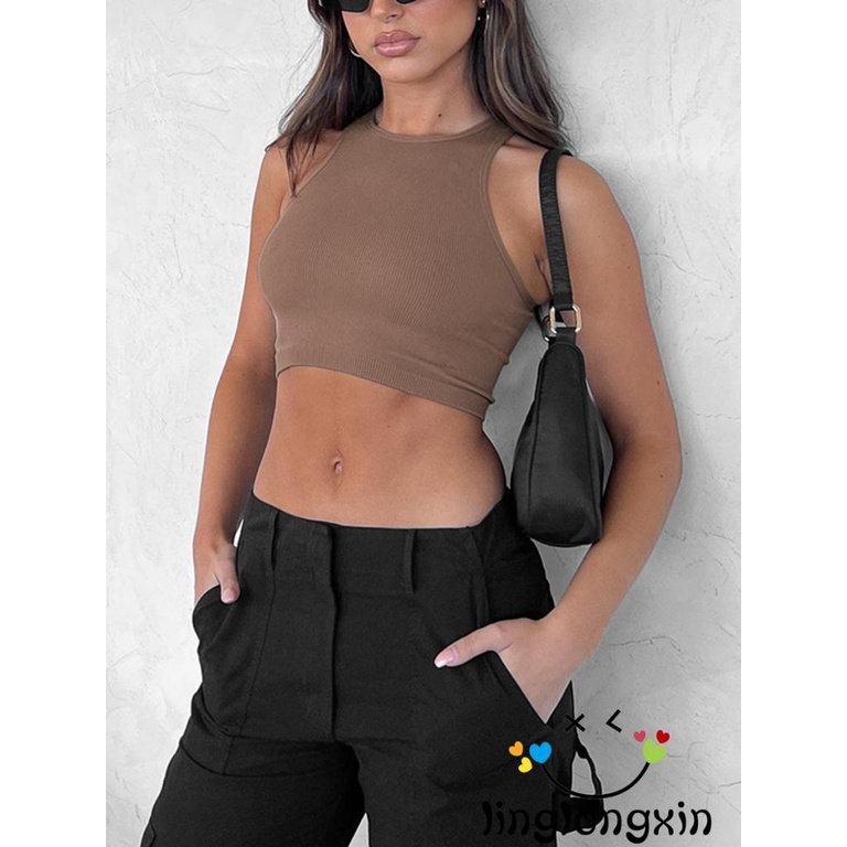 Linglongxi2-áo Không Tay Cổ Thuyền Có Gân Màu Trơn Dành Cho Nữ