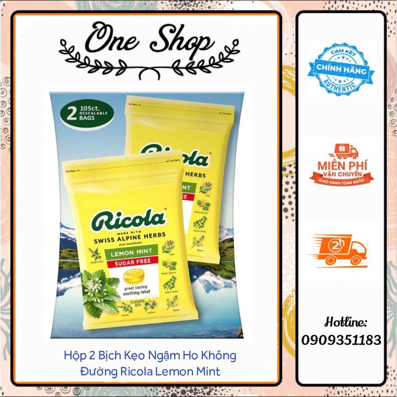 (Date T7/25) Hộp 2 bịch kẹo ngậm ho không đường Ricola Lemon Mint Sugar Free (mỗi bịch 105 viên) của Mỹ