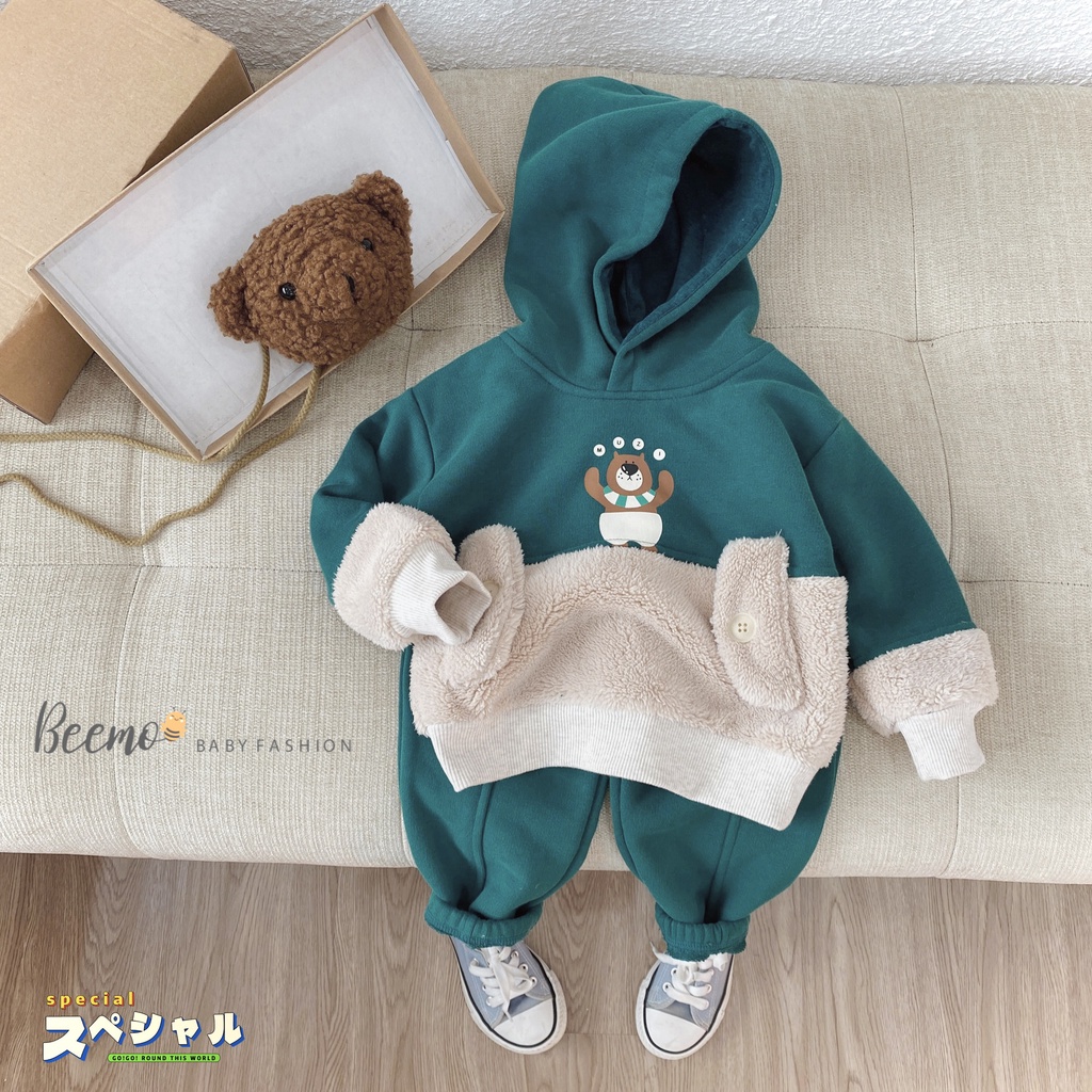 Bộ nỉ cho bé BEEMO, thiết kế áo hoodie, quầy dày dặn siêu ấm áp B259