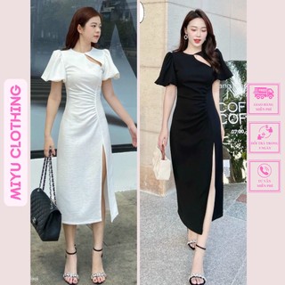 Đầm trắng dự tiệc cao cấp váy tiểu thư quyến rũ nhún eo xẻ tà dáng dài đẹp MiyuClothing