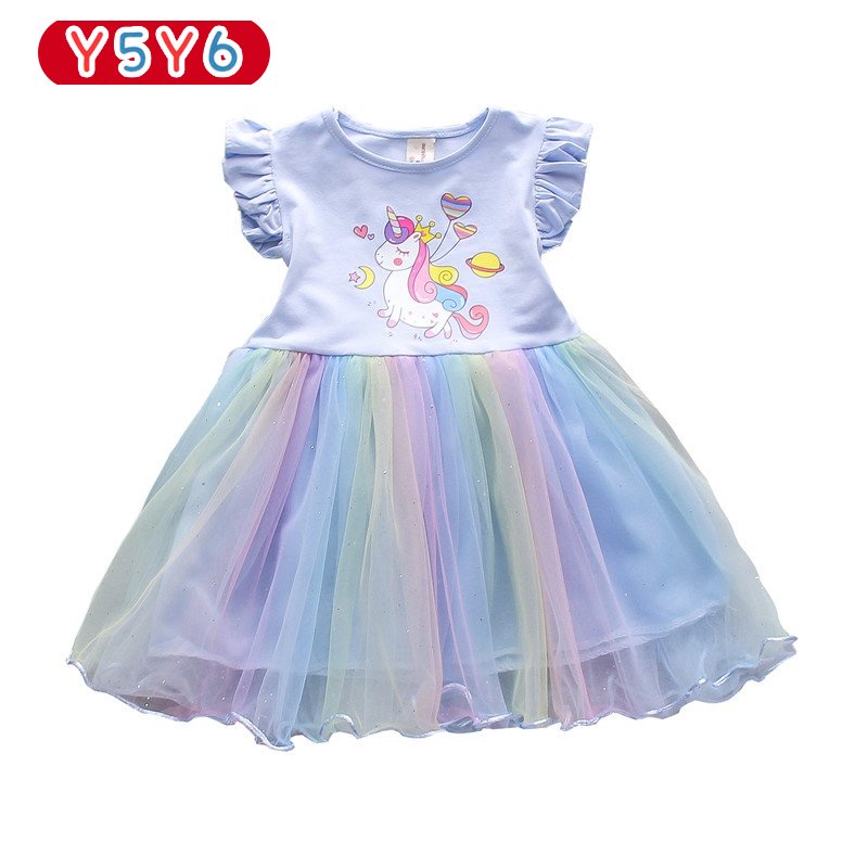 Y5Y6 Đầm In Hình Kỳ Lân Hoạt Hình Phối Bèo Dễ Thương Thời Trang Mùa Hè Cho Bé Gái 0-5 Tuổi