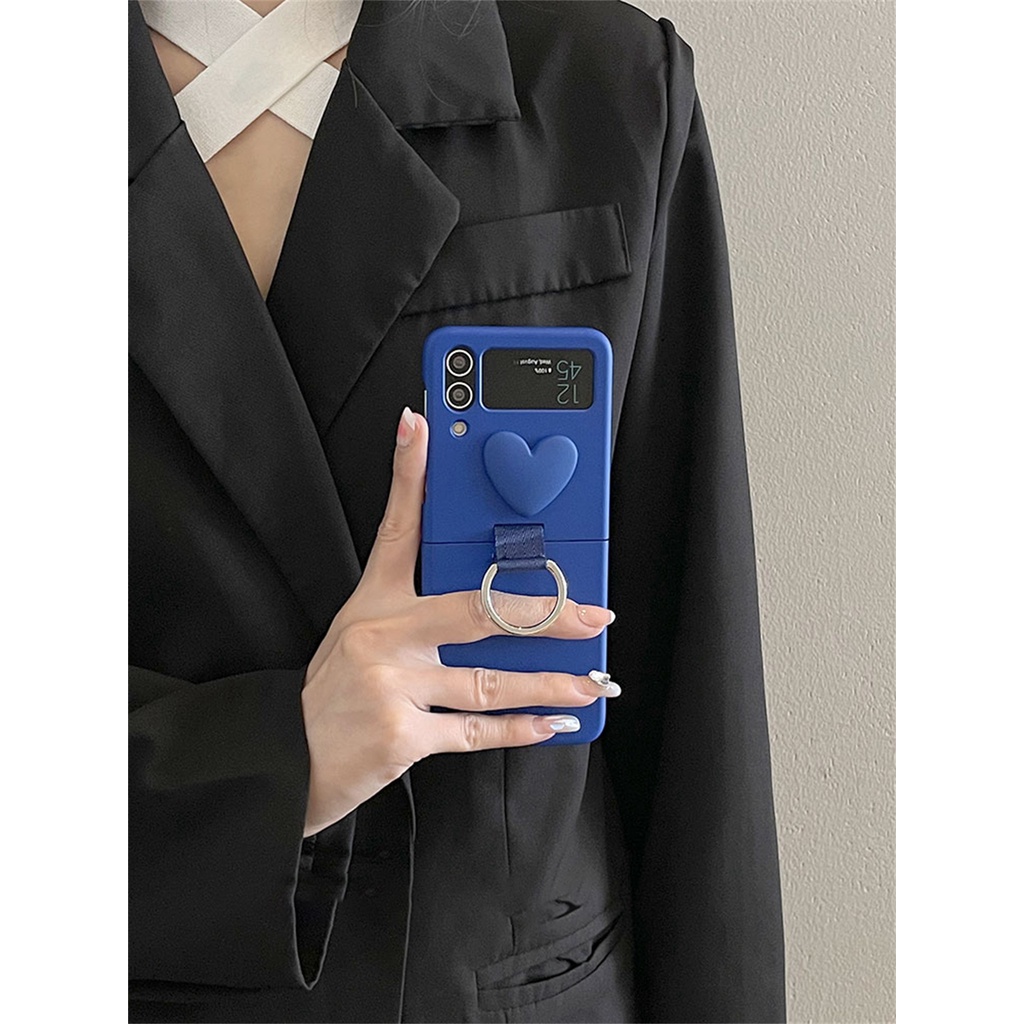 Ốp Điện Thoại Màu Trơn Có Vòng Đỡ Hình Trái Tim 3D Sang Trọng Cho Samsung Galaxy Z Flip 3 4 5G Z Flip3 Flip4 Zflip4