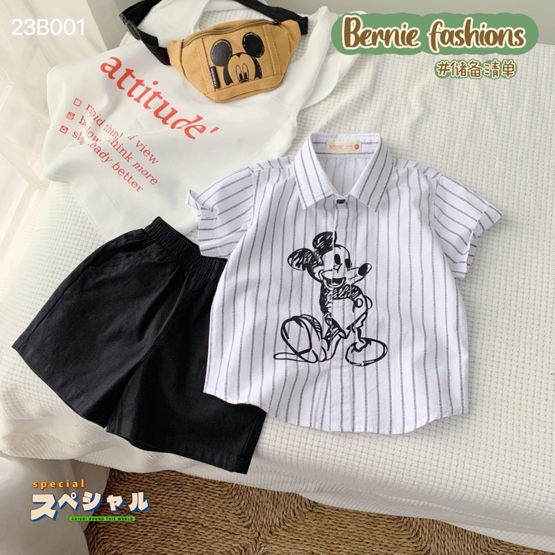 Bộ sơmi bé trai Bernie kẻ hoạ tiết Micky chất thô cho bé từ 8-22kg-23B001