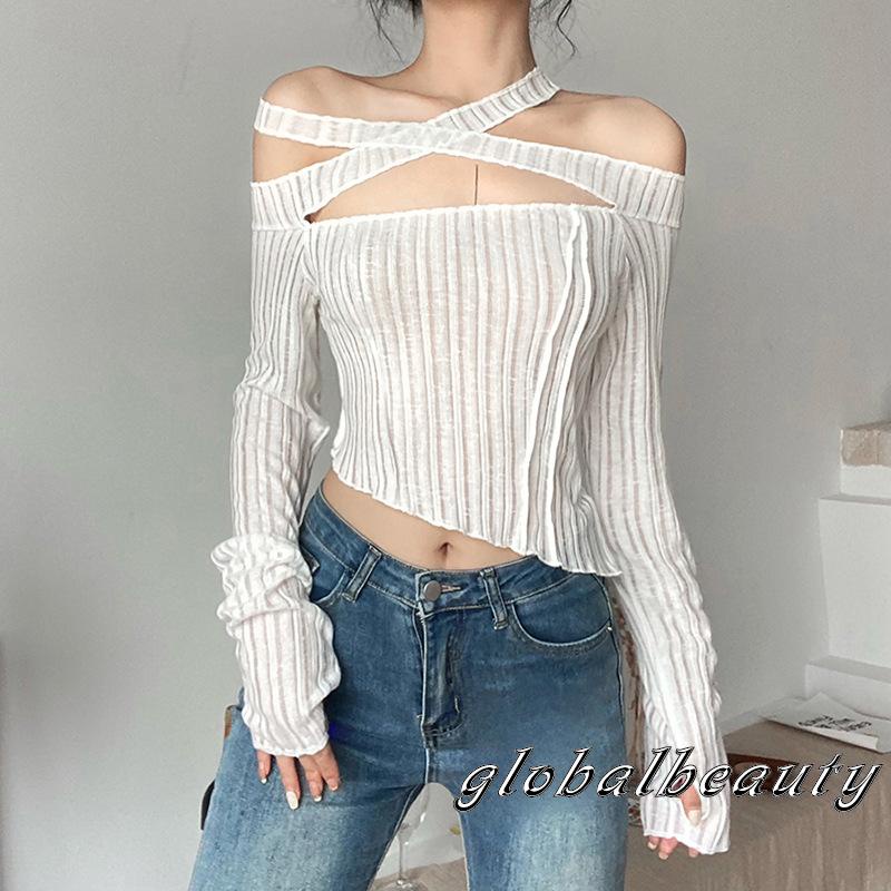Áo Croptop Trễ Vai Tay Dài Màu Sắc Trắng Kẻ Sọc Dọc Phong Cách Đường Phố Thời Trang Cho Nữ