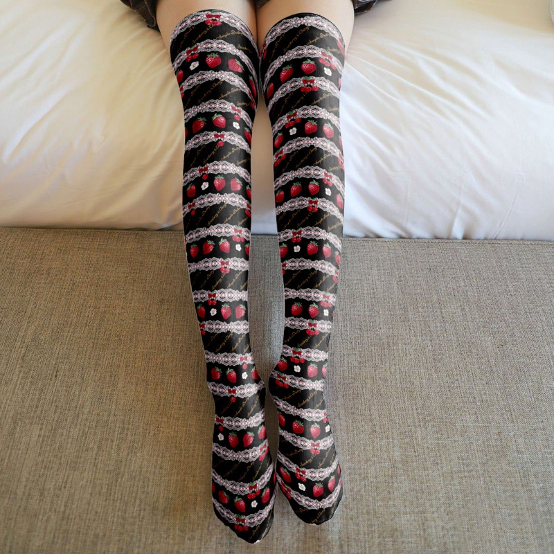 Vớ Dài Qua Gối In Họa Tiết Trái Dâu Phối Ren Phong Cách Lolita Nhật Bản Cho Nữ