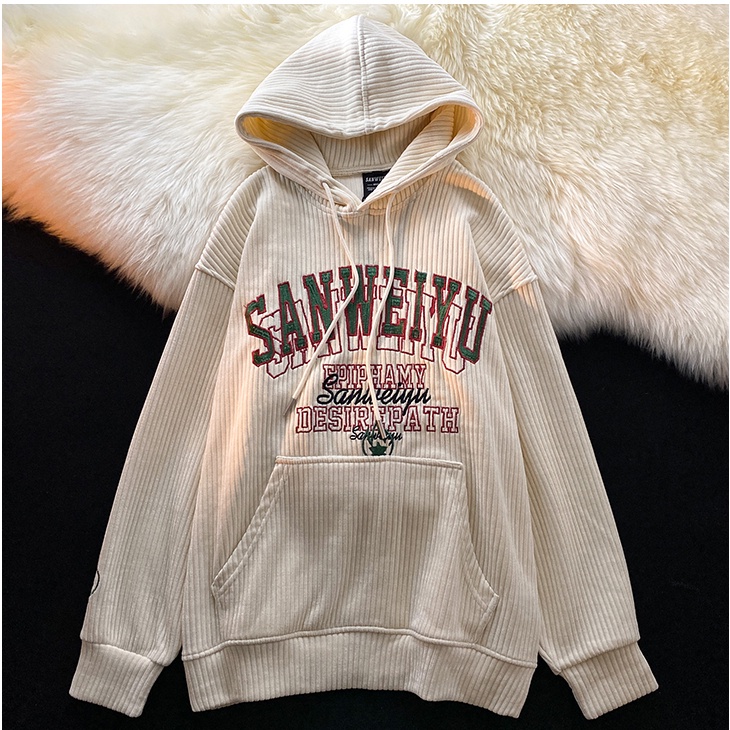 Áo Hoodies Nhung Kẻ Hoạ Tiết Chữ Thêu Thiết Kế Dáng Rộng Thoải Mái