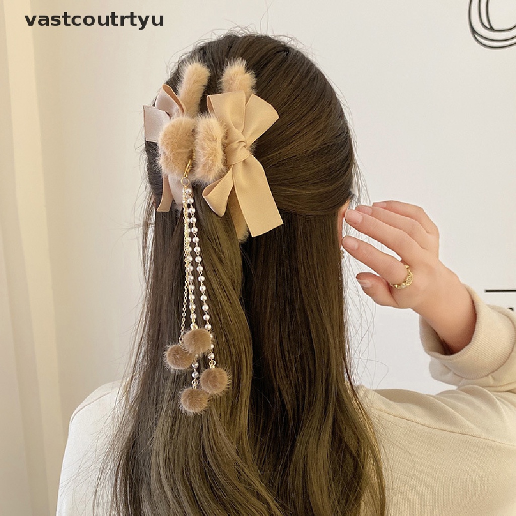 Vas Kẹp Tóc Càng Cua Đính Nơ Tua Rua Lông Xù Dày Dặn Dễ Thương Mùa Đông Cho Nữ n
