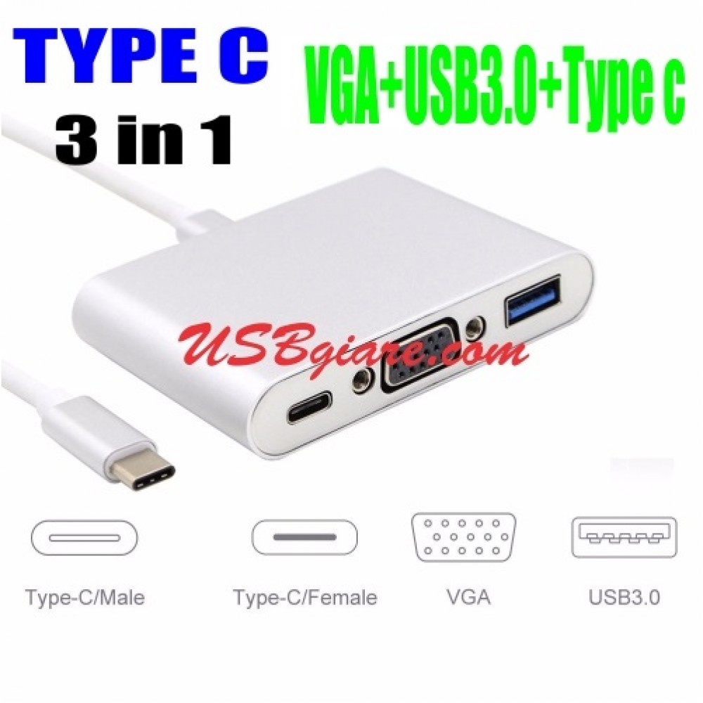 CÁP TYPE C RA VGA + USB 3.0 + TYPE C (SẠC) 3 IN 1 (TRẮNG XÁM)