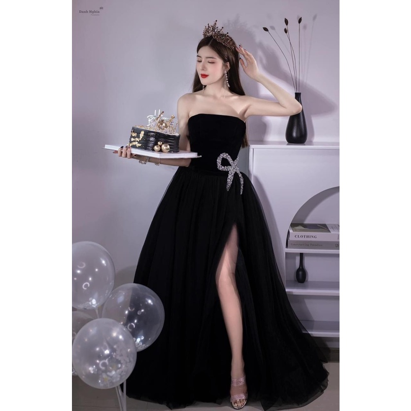 M108 - Đầm dạ hội cúp ngực lưới phối nhung đính đá xẻ tà siêu sang (2 màu)