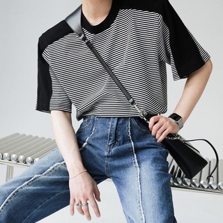 Áo thun nam nữ tay lỡ Raglan mix sọc độn cầu cai