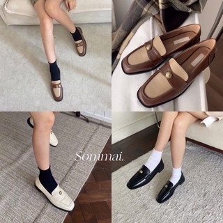 Giày loafer đế bằng mũi vuông da mềm ôm chân preppy vintage - Giày oxford nâu - giày lười nữ