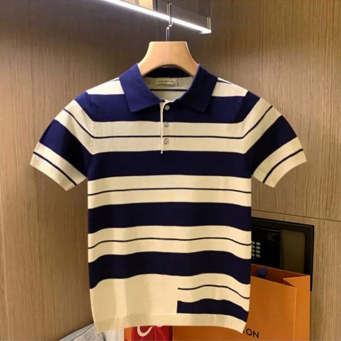 Áo hoodie Xoài Làm Mới! Áo Thun Dệt Kim Tay Ngắn Cổ Bẻ Thoáng Khí Phối Màu Tương Phản Phong Cách Cổ Điển Thời Trang