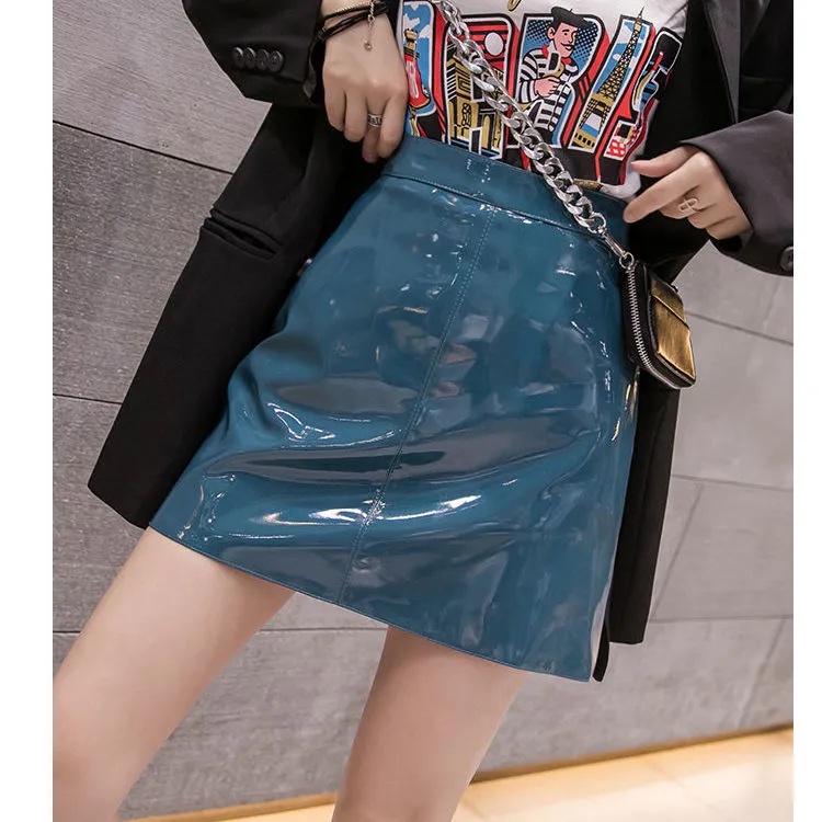 Chân Váy Da pu Bóng Lưng Cao Dáng Chữ a Màu Hồng / Đen / Xanh Dương Phong Cách Hàn Quốc Gợi Cảm Dành Cho Bạn Nữ