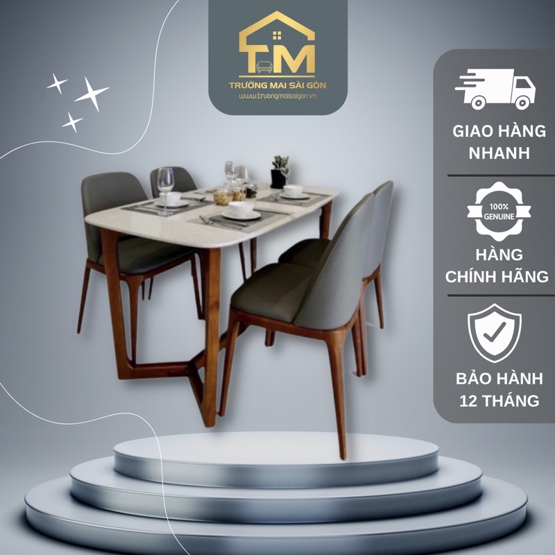 bàn ăn gia đình thông minh 4 đến 6 ghế hiện đại vân mây gỗ chống ẩm cực tốt Trường Mai Sài Gòn