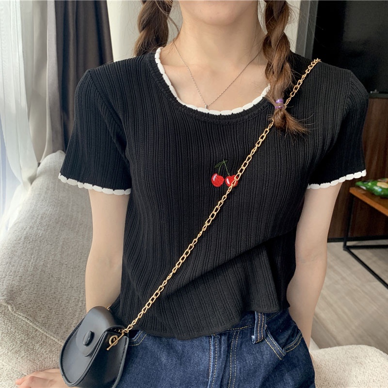 Áo sweater Tay Ngắn Cổ Tròn Dáng Ôm Thời Trang Mùa Hè Phong Cách Hàn Quốc Cho Nữ