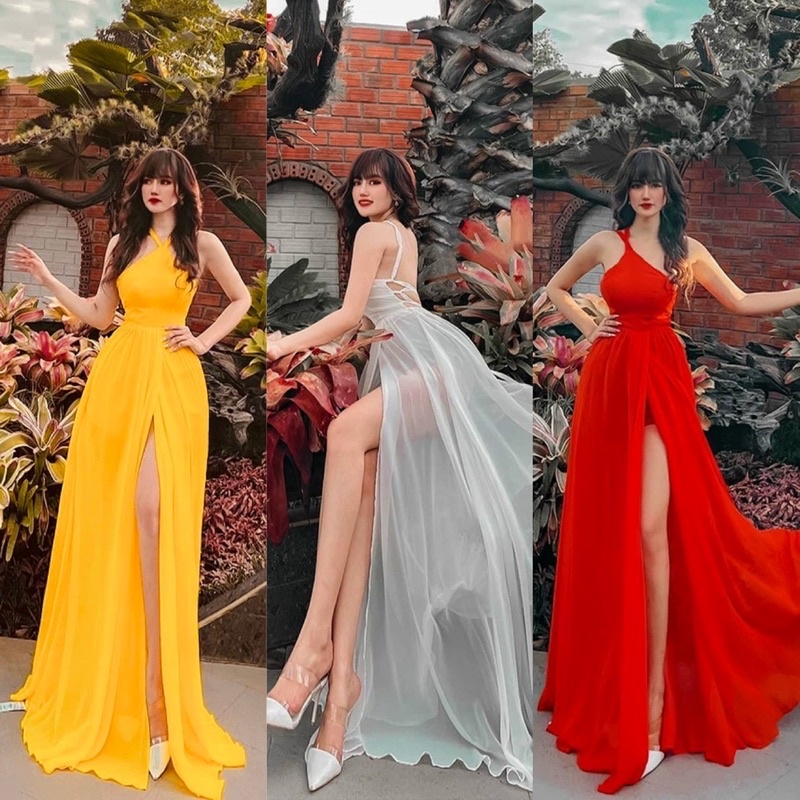 Đầm maxi 2 dây cổ yếm hở đan thắt lưng đỏ trắng vàng, váy dài xẻ đùi sang trọng quyến rũ đi chơi biển du lịch chụp hình