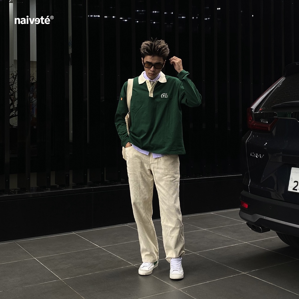 Áo polo dài tay unisex Tag Logo NAIVETE sweater cổ bẻ chất liệu cotton