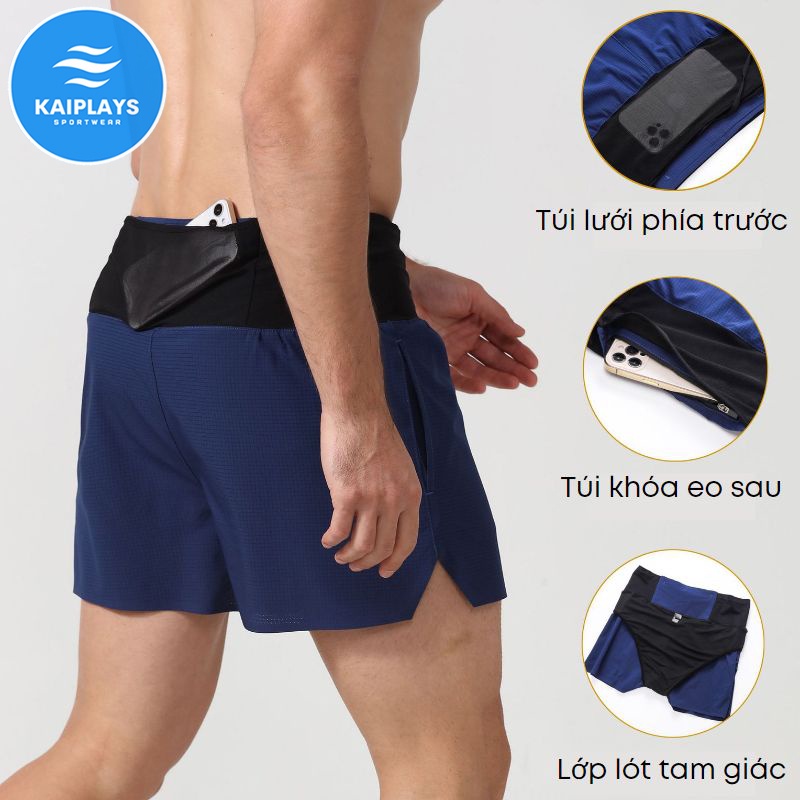 Quần sọt đùi nam thể thao lưng thun chạy bộ, tập gym, đạp xe nhiều túi lót quần tam giác bên trong KAIPLAYS KP033