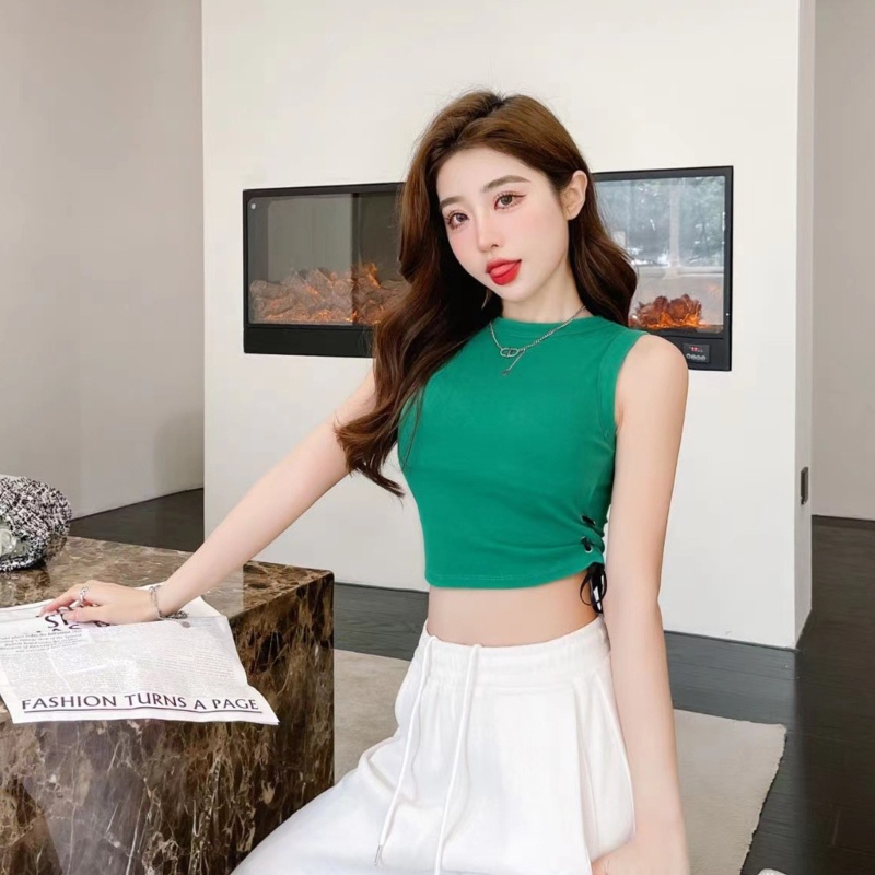 Áo Croptop Không Tay Cổ Tròn Màu Trơn Phối Dây Rút Và Đệm Cá Tính Cho Nữ