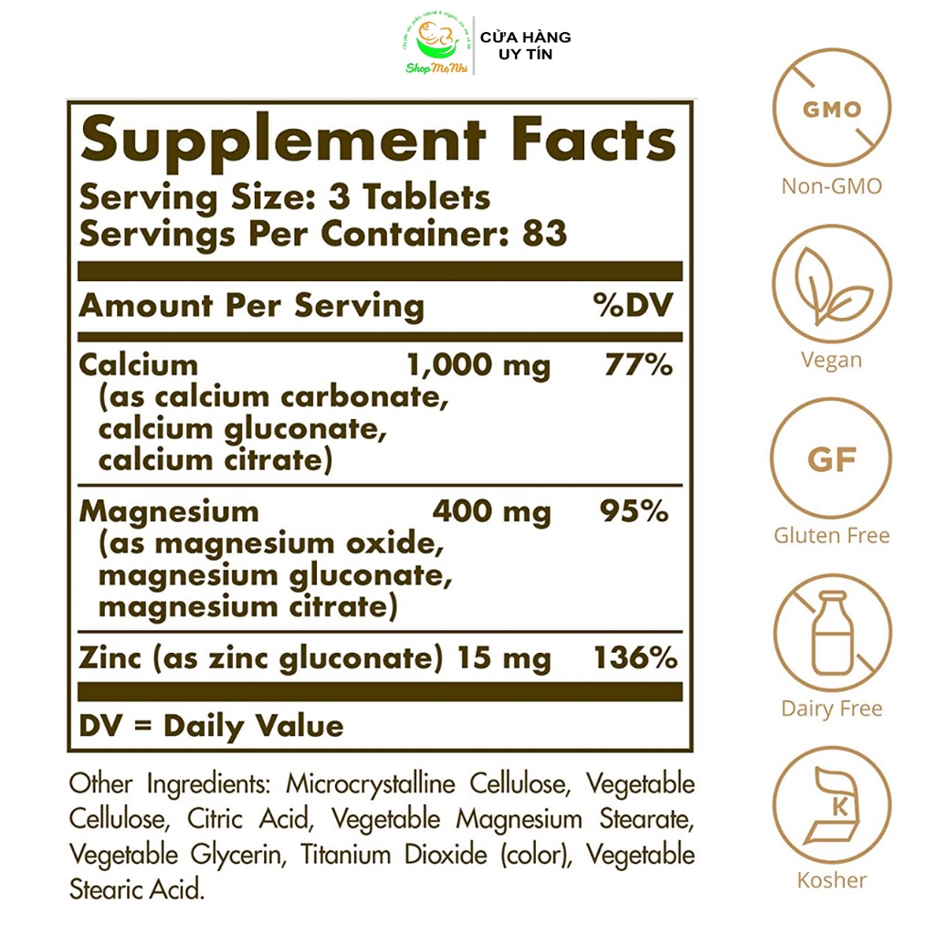 Viên uống Canxi Magie Kẽm Solgar Calcium Magnesium Plus Zinc tăng cường sức khỏe xương khớp 250 viên.