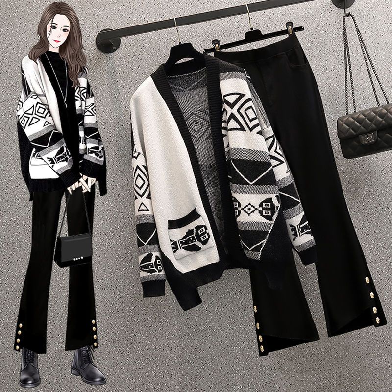 Set Áo Khoác Cardigan Phối Quần Jean Dáng Rộng Thời Trang Mùa Thu 2022 Plus Size Cho Nữ