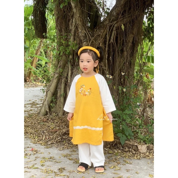 Áo dài Cát Anh vải linen thêu hoa xinh xắn cho bé gái (kèm mấn và quần)
