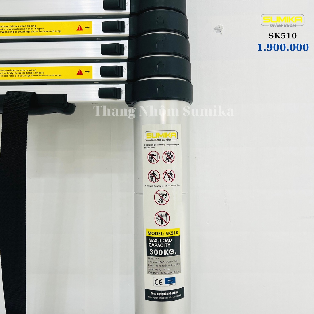 Thang nhôm rút đơn Sumika chân ngang, tải trọng 300kg, Chiều cao tối đa 4m8, 5m1, 6m, 7m. Bảo hành 2 Năm