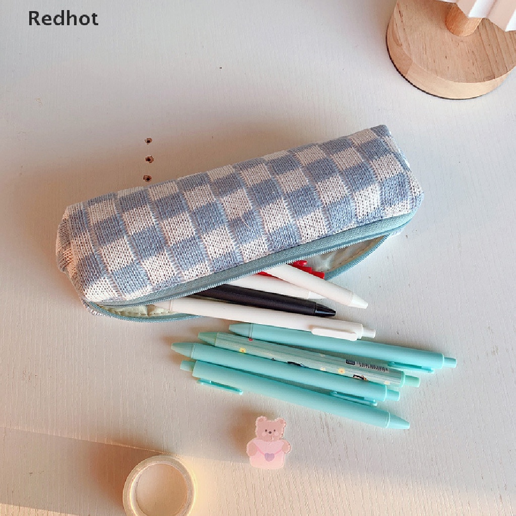 &lt; Redhot &gt; Túi Đựng Bút Chì Mỹ Phẩm Dệt Kim Kẻ Ô Dễ Thương Sức Chứa Lớn Và Sắp Xếp Gọn Gàng Cho Trường Học