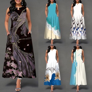 Đầm maxi chữ a không tay in họa tiết phong cách boho plus size