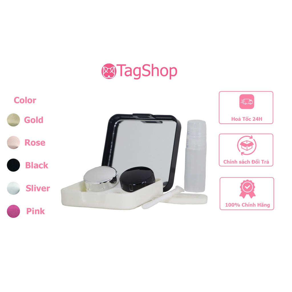 Bộ khay gương đựng kính áp tròng, bảo quản, cây gắp và dụng cụ hỗ trợ đeo lens, chai nhỏ chiết nước ngâm nhỏ mắt