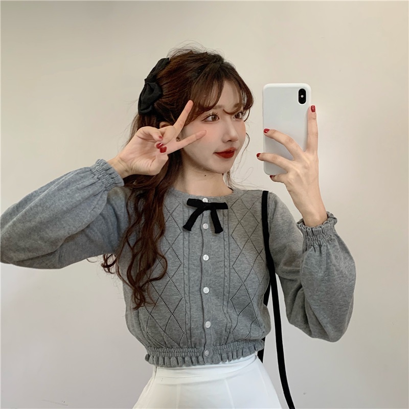 ZHELIHANGFEI Áo Cardigan Dệt Kim Tay Dài Đính Nơ Lưng Cao Kiểu Pháp Xinh Xắn
