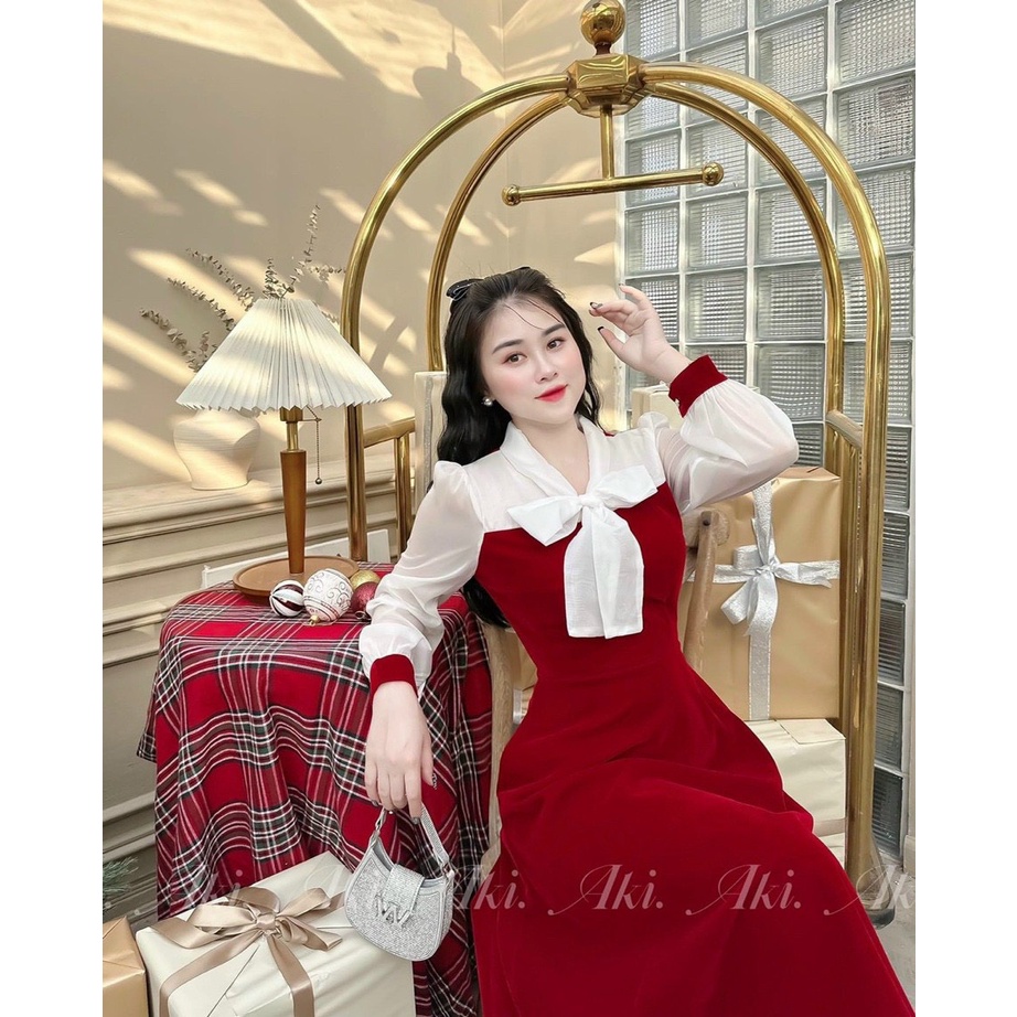 Váy đầm nhung chân lửng xòe tay dài , phối cổ nơ tiểu thư dịu dàng sang chảnh