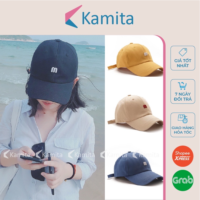 Mũ Lưỡi Trai, Nón Lưỡi Trai KAMITA Thêu Chữ M Nam Nữ Hàn Quốc, Nón Kết Trắng Đen Be Đẹp Vải Kaki Cao Cấp Chính Hãng KM01