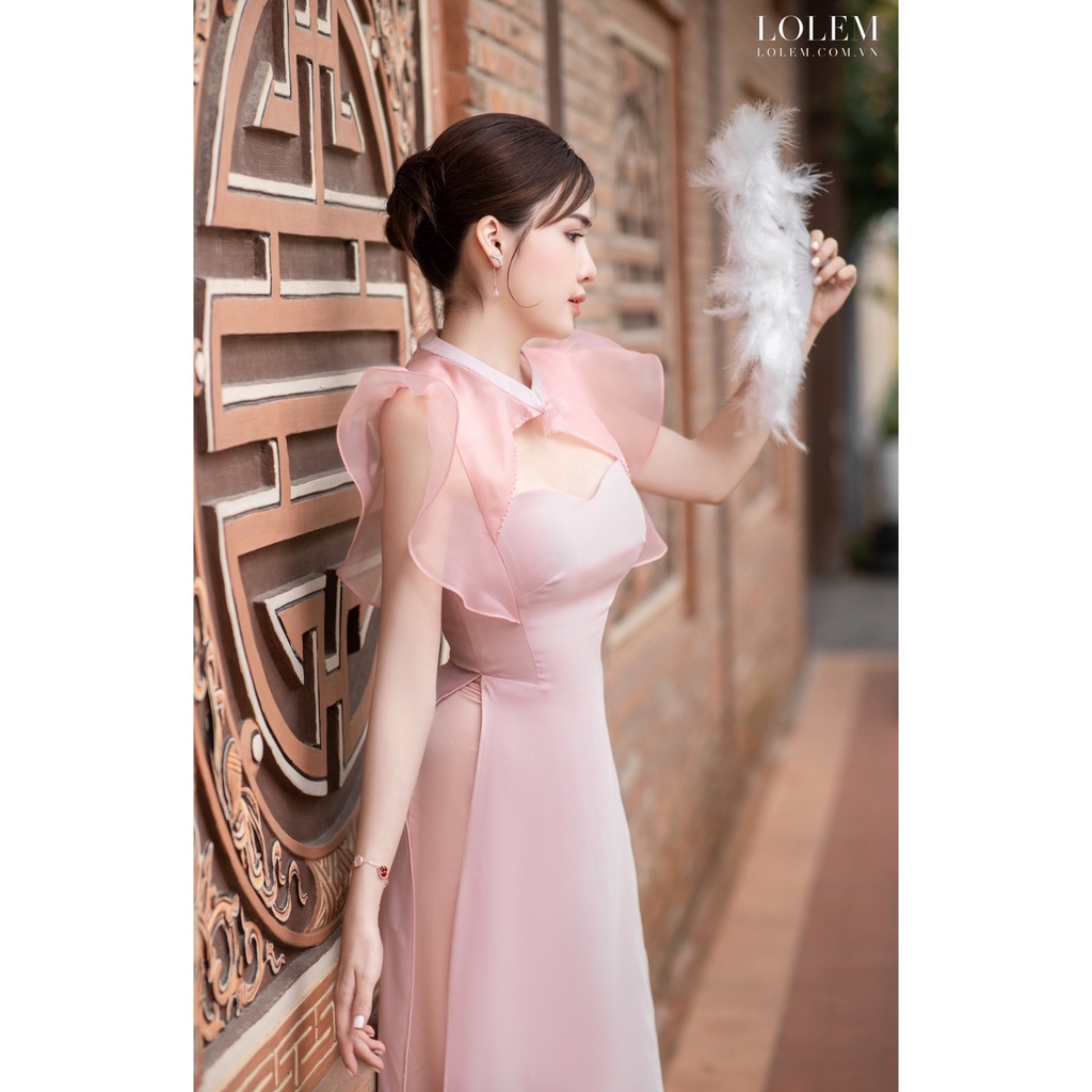 Áo dài cách tân cổ trụ LOLEM SQ056 khoét ngực vải trượt Hàn mix organza