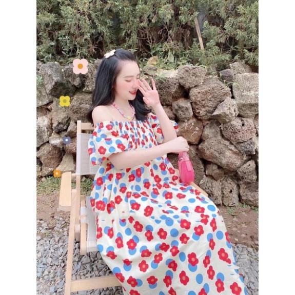 V96-Váy bầu xinh hoa nhí chun ngực tay bồng- đầm bầu dáng chữ A cuc xinh