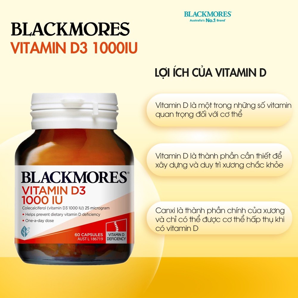 Viên uống bổ sung vitamin D3 1000IU Blackmores Úc 60 viên hỗ trợ hấp thu canxi và tăng cường đề kháng