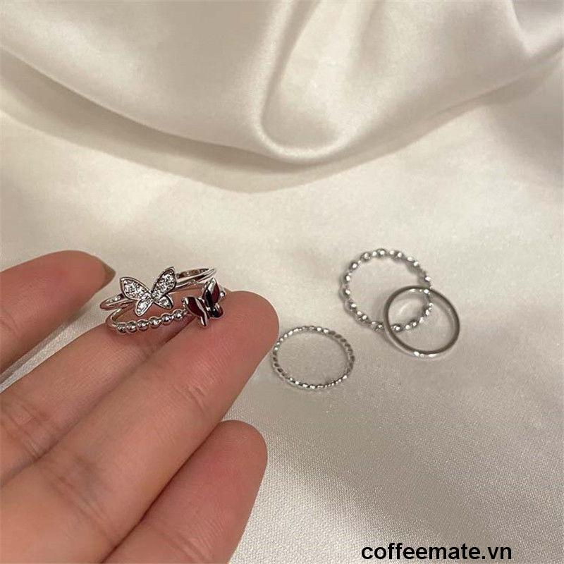 【coffeemate】⚡Bộ 4 nhẫn hợp kim một lớp và hai lớp trang trí bươm bướm phong cách Hàn Quốc thời trang cho nữ