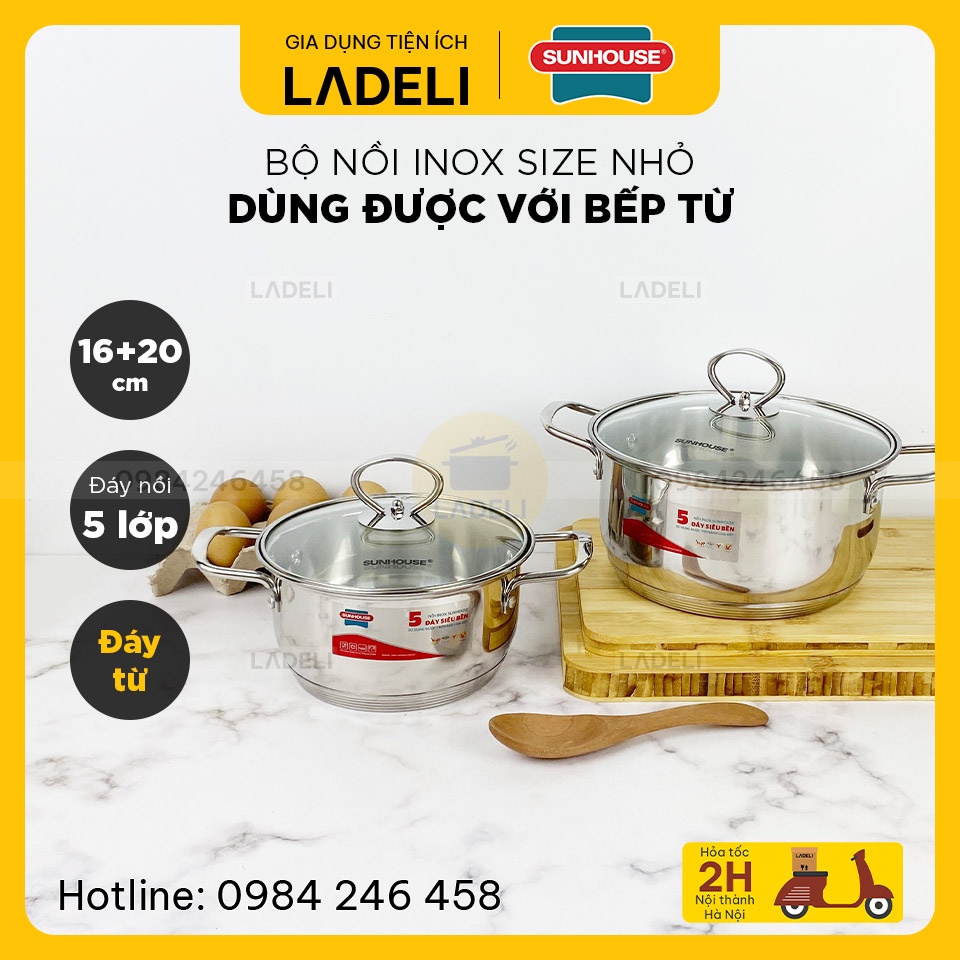 Bộ 2 nồi inox 5 đáy SUNHOUSE SHG788 -16-20 size 16+20cm dùng được với bếp từ