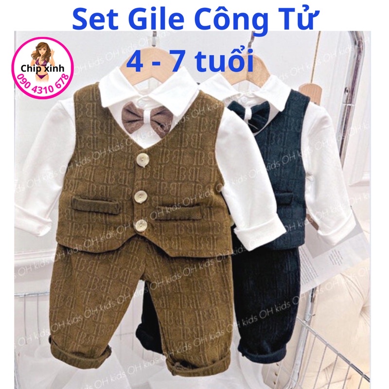 Set gile công tử cao cấp chất dạ nhung vân nổi siêu sang cho bé trai 15-25kg