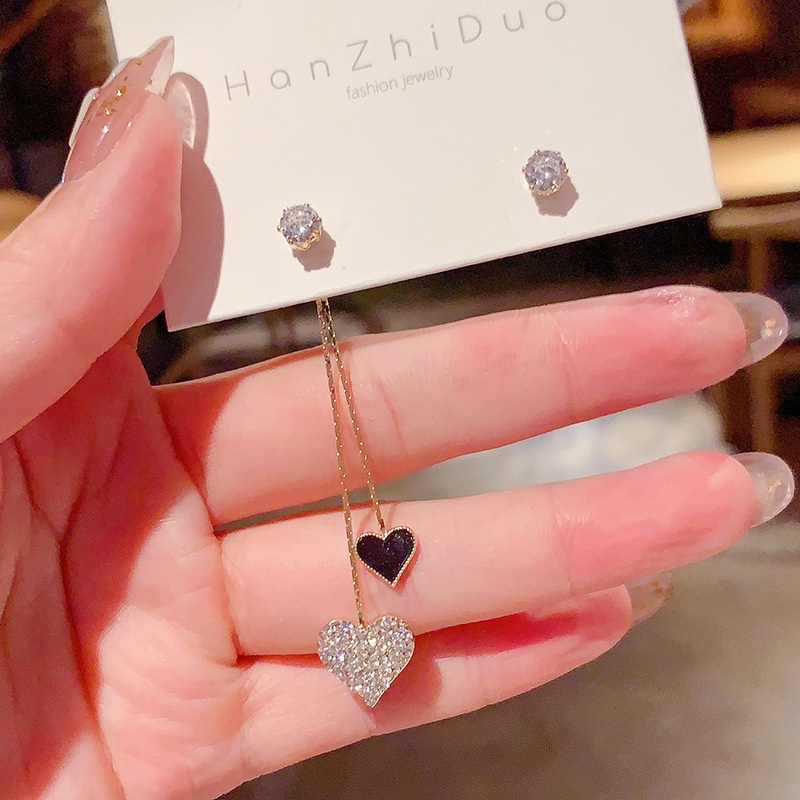 Bông Tai Dáng Dài Mặt Hình Trái Tim Đính Đá Phối Tua Rua Lưng Thời Trang Dự Tiệc Cưới