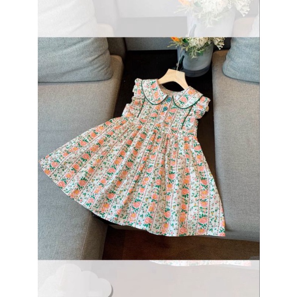 Váy  hoa hồng cánh tiên cổ sen tiểu thư bé gái