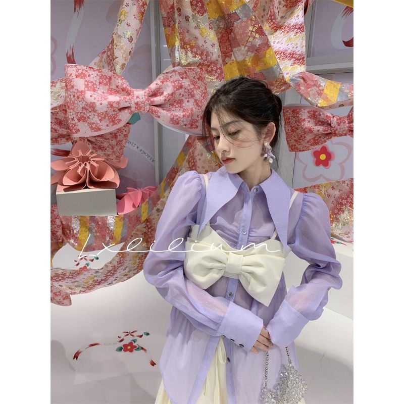Set of Light Sun Protection Shirt + Transparent High Waist Skirt + Sweet Korean Style Jacket For Women