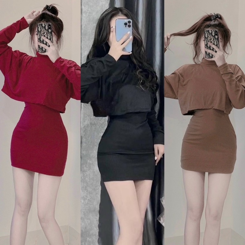 Set Đầm Body 3 Lỗ + Áo Khoác Croptop Cổ Lọ Tay Dài