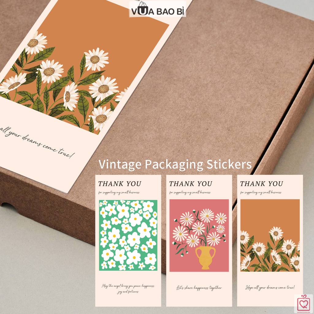Bộ 50-100 tem decal dán hộp niêm phong mẫu vintage Vua Bao Bì, sticker cám ơn Thank you trang trí túi bao bì nhiều mẫu