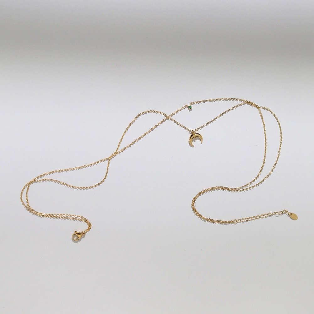 Dây Chuyền Hai Lớp Bằng Thép Titan Hai Lớp Hình Mặt Trăng Lưỡi Liềm Đính Kim Cương Màu Xanh Lá retro Âu Mỹ