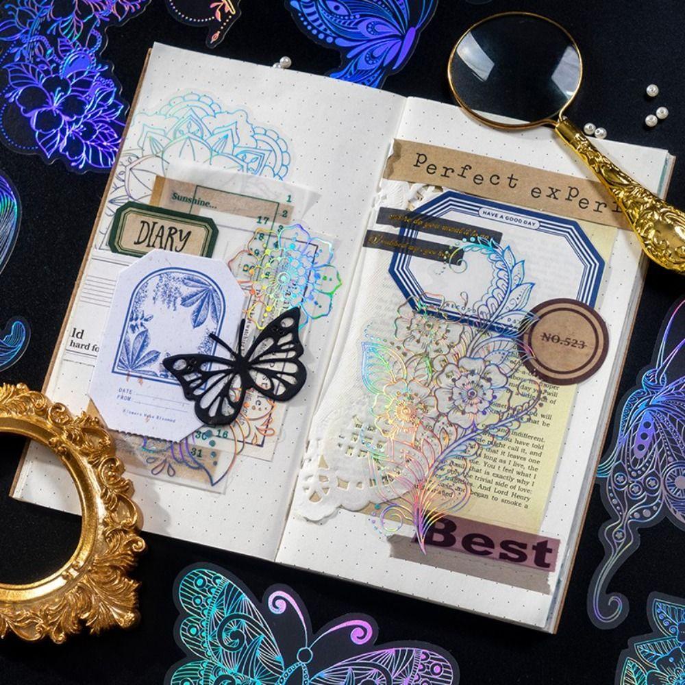 Túi 10 Miếng Dán Hình Mặt Trăng / Lông Vũ Màu Laser Kiểu Vintage Trang Trí Sổ Tay / Nhật Ký