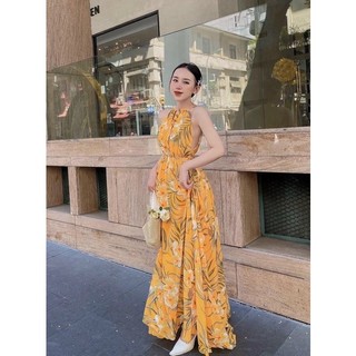 gv76- đầm maxi hoa vàng hở lưng